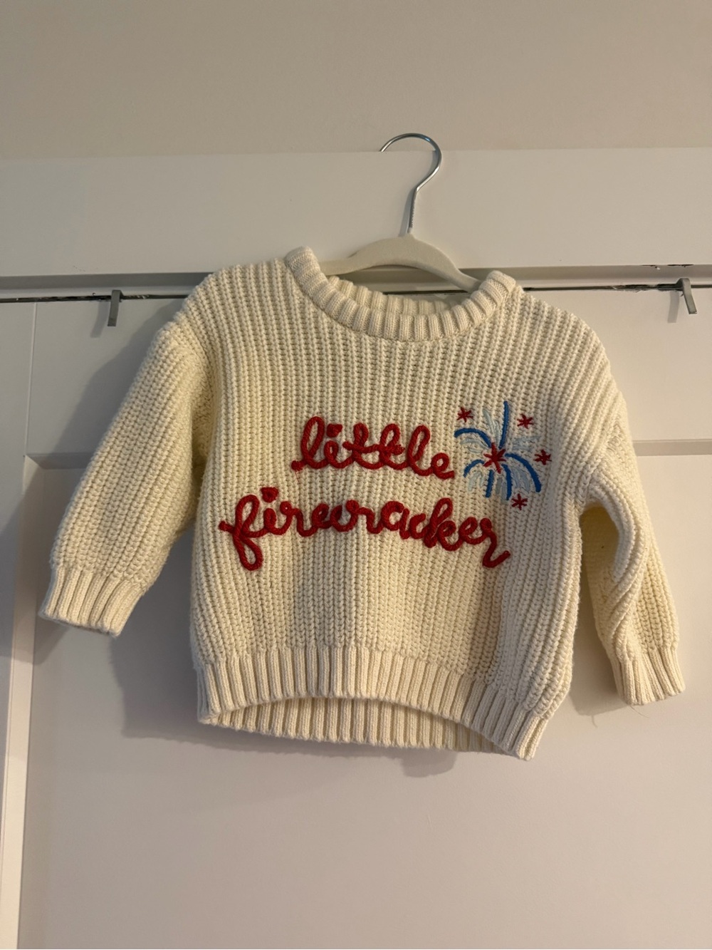Old Navy Cream Knit Sweater with Red & Blue Embroidery